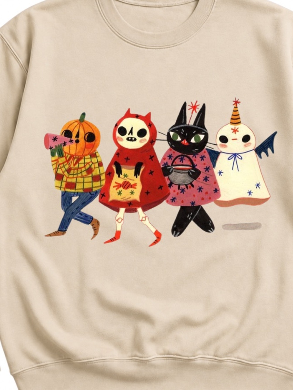 Sand Crewneck Sweatshirt with Colorful Halloween Character Print - Picture 2 of 3